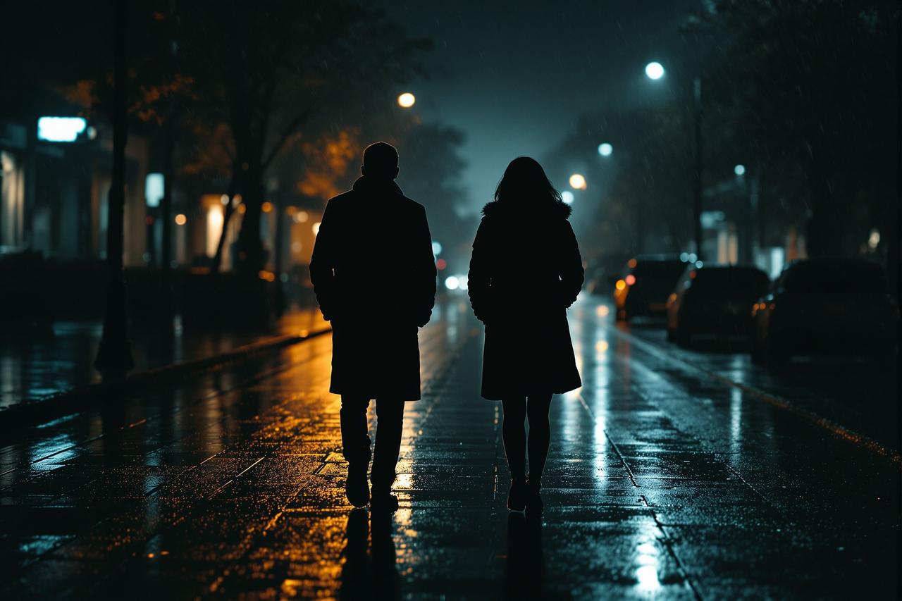 娱乐圈知名夫妻宣布离婚,雨夜中两人走向不同方向的剪影